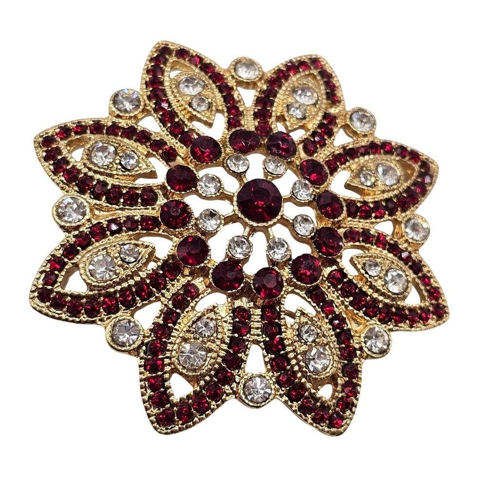 Vtg‎ Monet Brooch Gold Tone Red Clear Rhinestone Flower 2" Pin Stmt Sparkle Glam